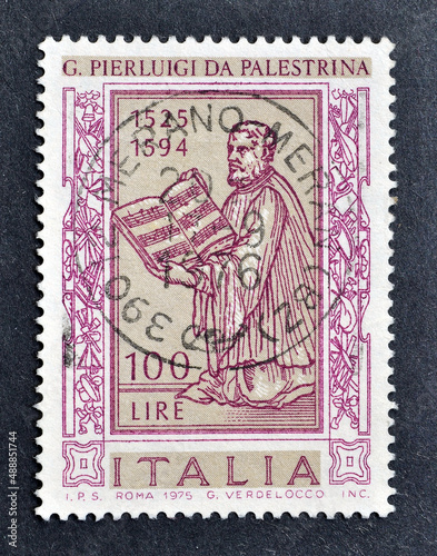 Cancelled postage stamp printed by Italy, that shows Giovanni Pierluigi da Palestrina, circa 1975. photo