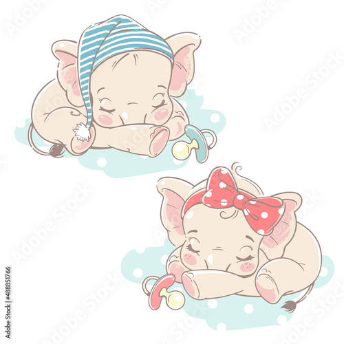 Photography Baby elephants sleep, newborn boy and girl . Cartoon animals