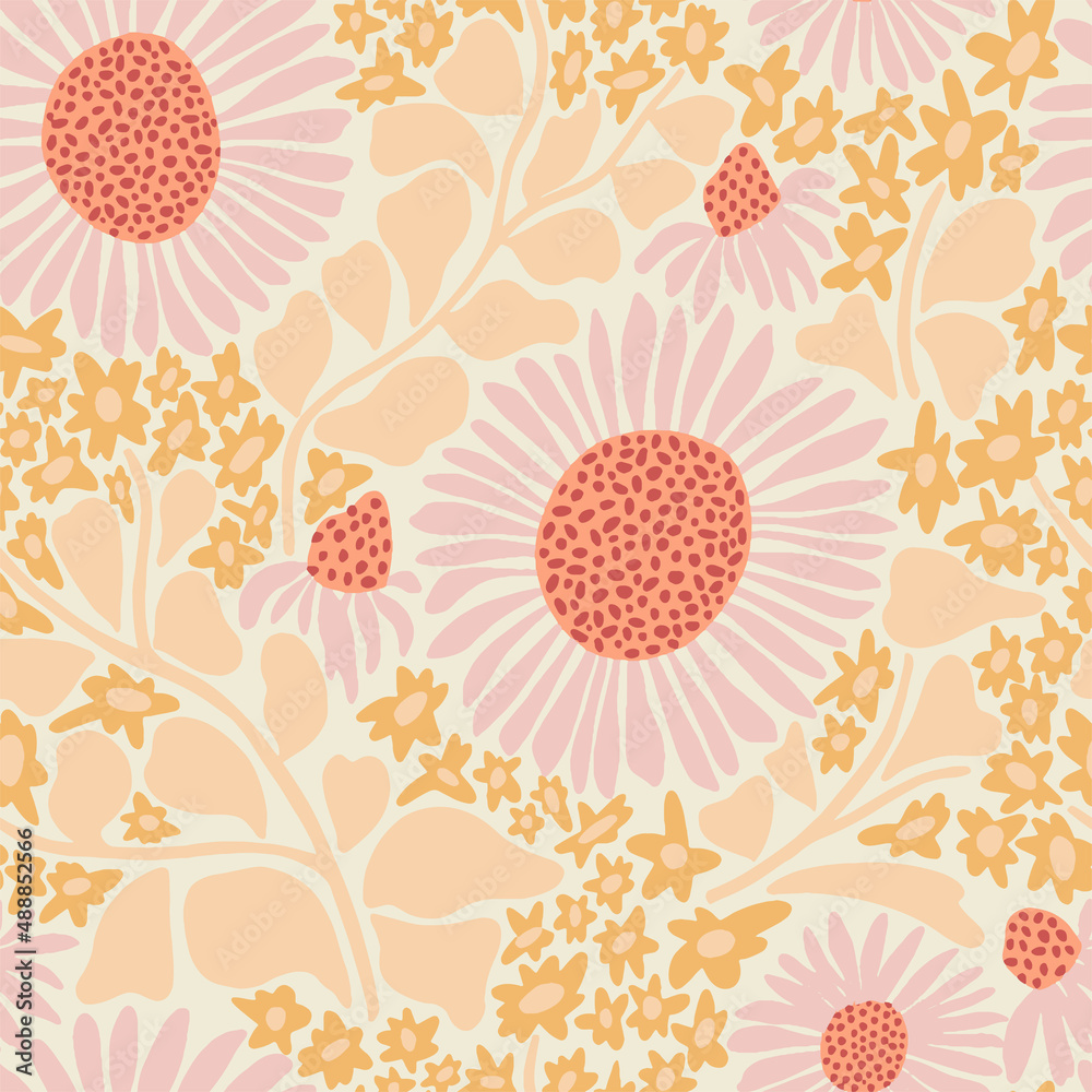 Vector hand-drawn retro sunflower illustration seamless repeat pattern fashion, home and kitchen print fabric  design digital artwork 