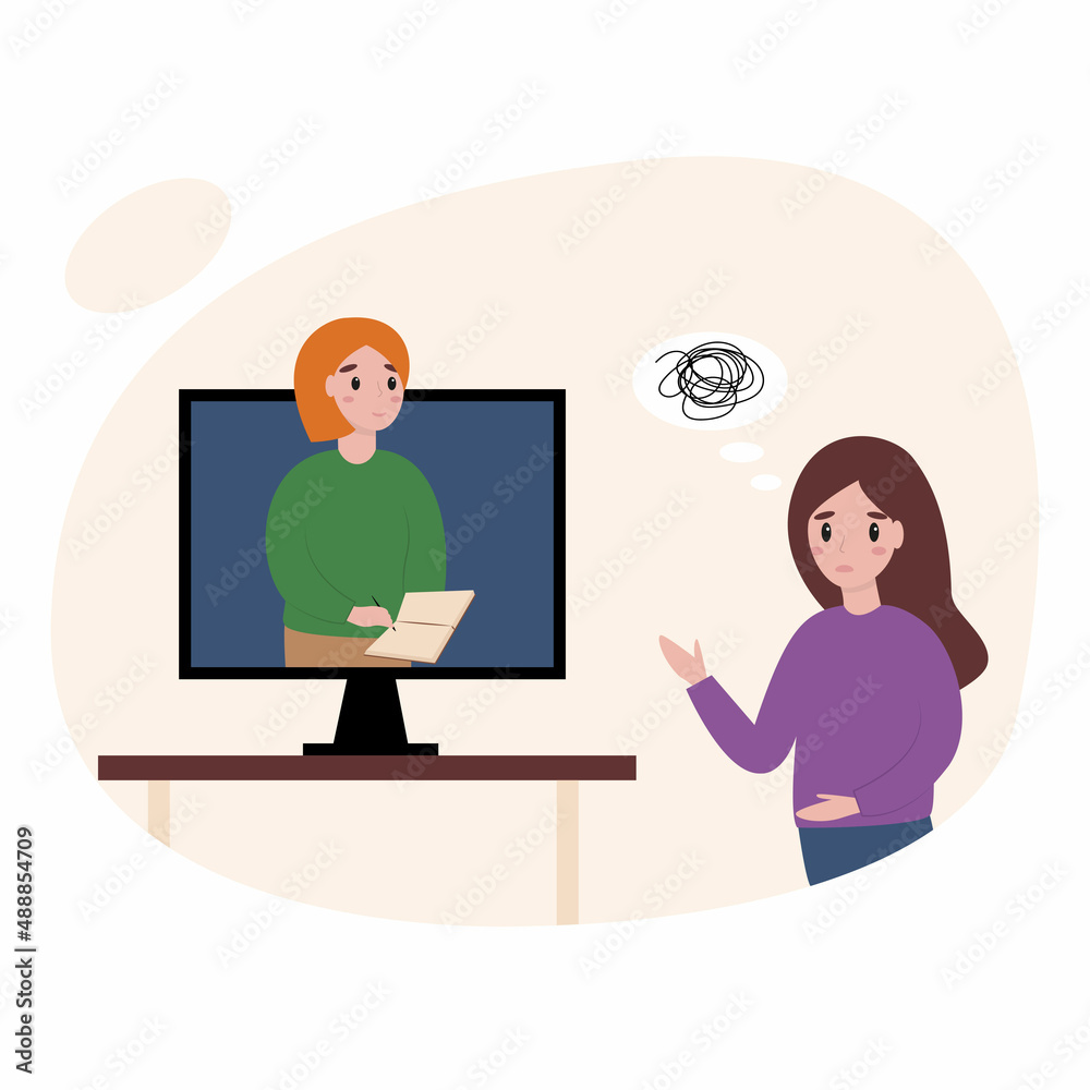 Cartoon illustration of online psychotherapy practice therapy session. Treatment of stress, addictions and mental problems.