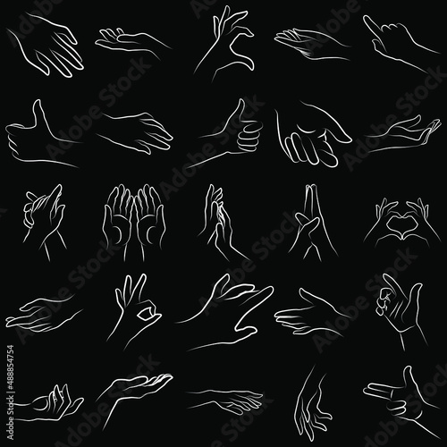 Set of miscellaneous women hands gestures simple outline minimalistic linear style. Vector Illustration of female hands for create logos, prints and other designs on black background