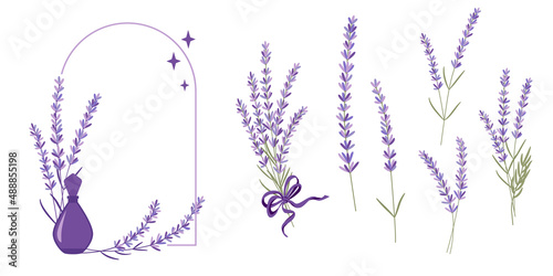 Vector illustration set of lavender flowers, bouquet, wreath and elements of design for greeting card on white background in retro flat style, provence concept.