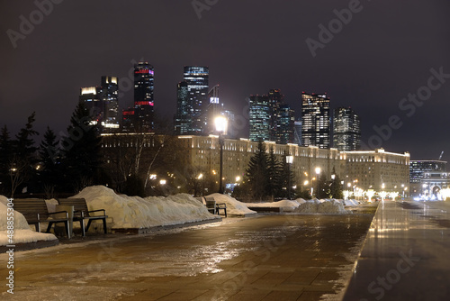 Skyscrapers of Moscow City International Business Centre and living houses on Kutuzovsky prospekt winter night view from Victory Park