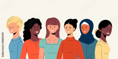 Six women of different nationalities and cultures. Happy girls together. International women's day.  Feminist movement. Sisterhood and female friendship. Vector trendy illustration