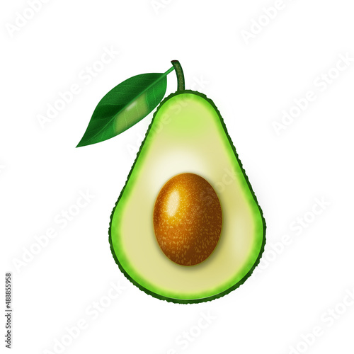 A half of a fresh avocado with a seed and a green leaf isolated on white