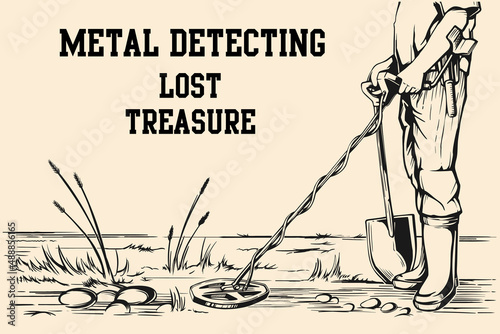Vector sketch illustration on beige background metal detectors, hobby, treasure hunt, survival, camping, adventure, archaeology. Digger.