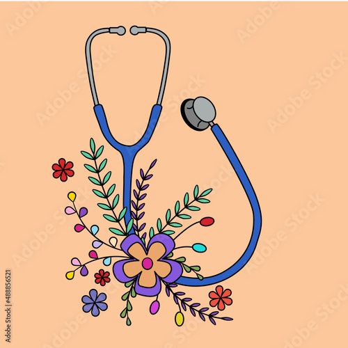 Medical accessory decorate with colorful flowers and leaf clip art, vector illustration in cartoon style image.