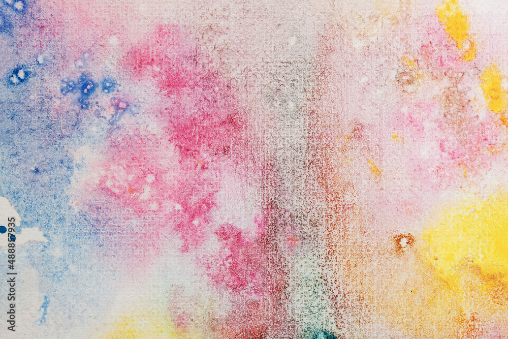 Hand-drawn watercolor background, colorful blots, splashes on paper texture