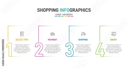 Concept of shopping process with 4 successive steps. Four colorful graphic elements. Timeline design for brochure, presentation, web site. Infographic design layout.