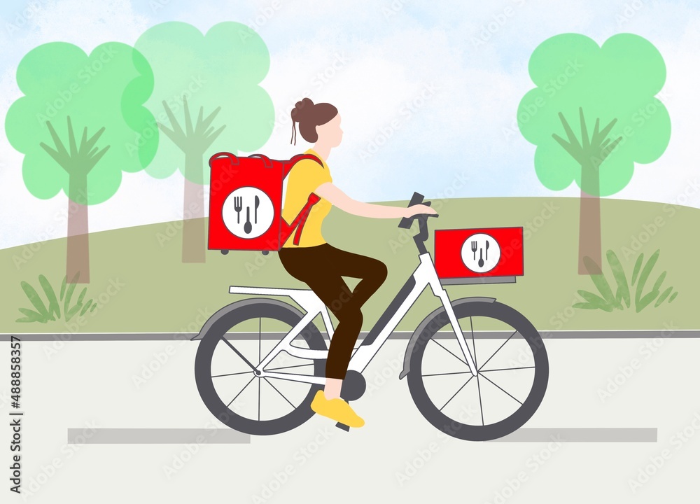 Naklejka premium woman riding a bike, delivery Service, food delivery, food