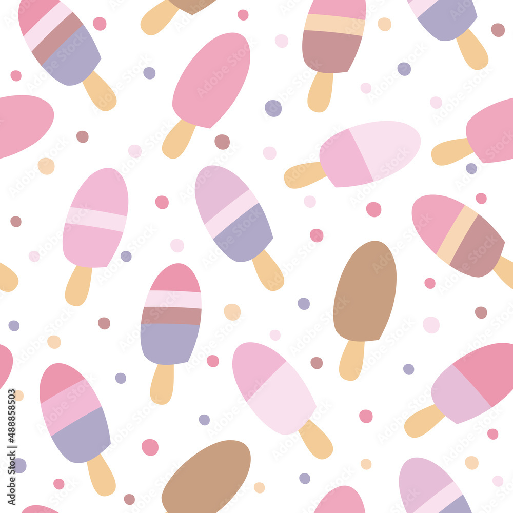 Seamless pattern with ice cream. Summer texture on white background. Vector illustration.
