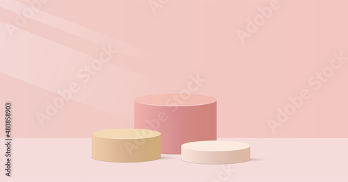 Abstract realistic 3D podium, cylinder pedestal set with pastel minimal wall scene for cosmetic product display presentation.