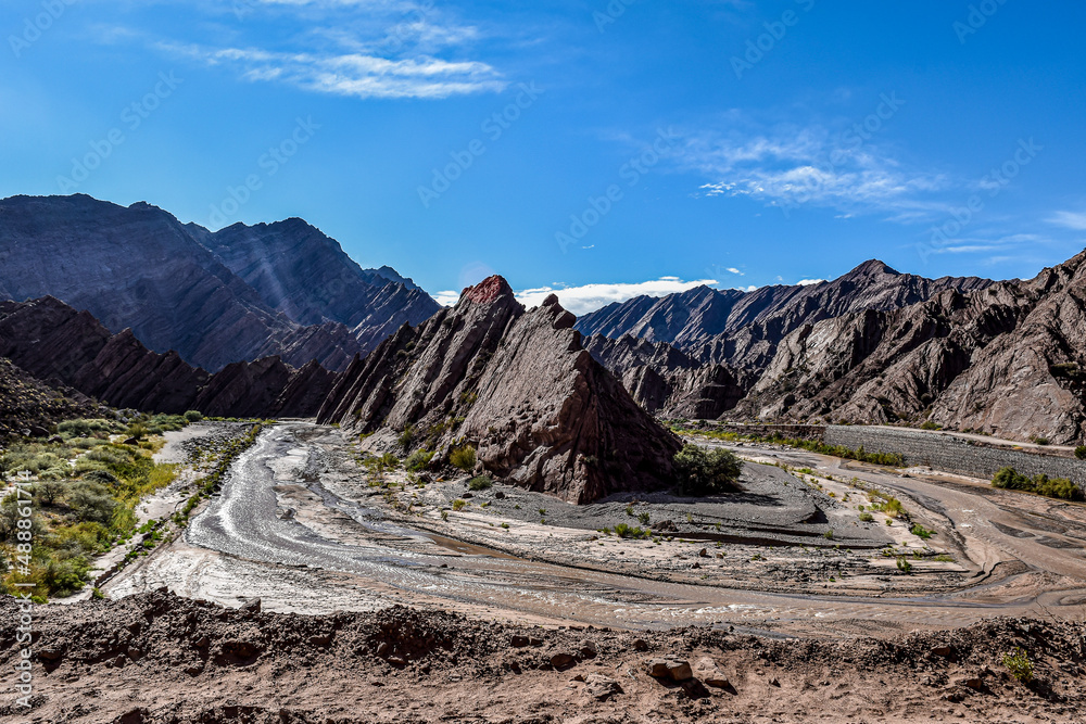 Arid and desert landscape of mountains in the pre-Andes region of La Rioja , Argentina. Rock formations eroded by water and wind over the centuries Laguna Brava Reserve, 3000 m above sea level