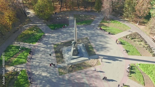 Monument to space engineer Tsiolkovsky, Kaluga park, aerial view, Russia