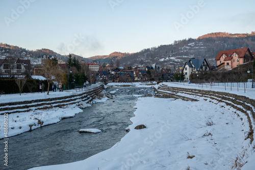 View at the picturesque Grajcarek stream in Szczawnica, southern Poland. Summer in Pieniny Mountains