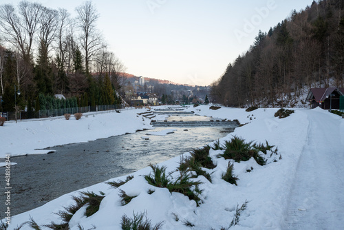 View at the picturesque Grajcarek stream in Szczawnica, southern Poland. Summer in Pieniny Mountains