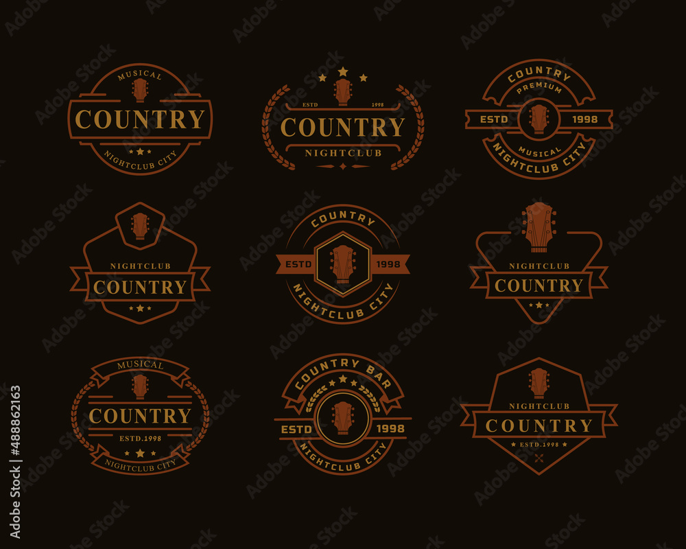 Set of Vintage Retro Badge for Country Guitar Music Western Saloon Bar Cowboy Logo Emblem Symbol