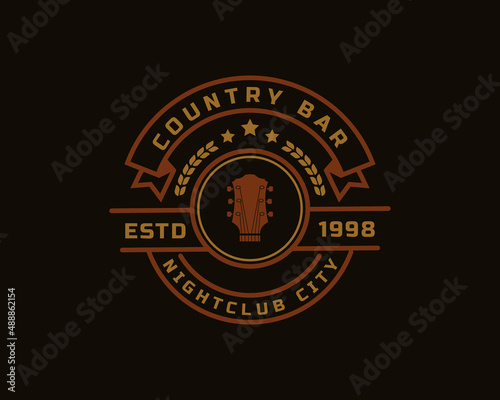 Vintage Retro Badge for Country Guitar Music Western Saloon Bar Cowboy Logo Emblem Symbol