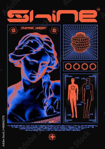 Modern poster with a statue of a girl and with text "Shine", with effect of a thermal imager. In Techno style, stylish print for streetwear, print for t-shirts and hoodies