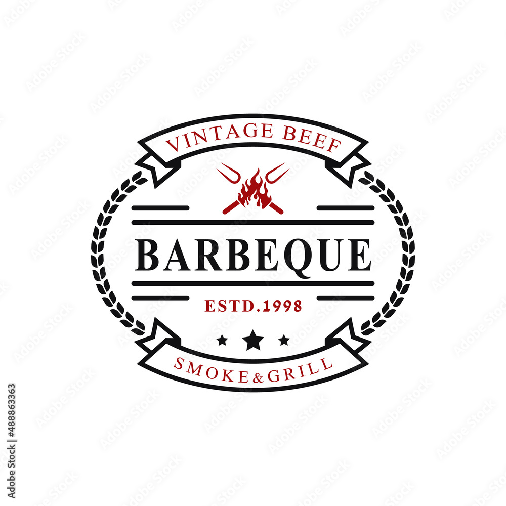 Vintage Retro Badge for Grill Barbeque Barbecue BBQ with Crossed Fork and Fire Flame Logo Emblem Design Symbol