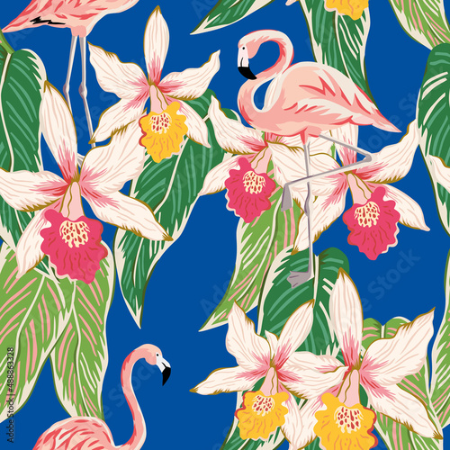 Flamingo, green palm leaves, pink orchid flowers, blue background. Vector floral seamless pattern. Tropical illustration. Exotic plants, birds. Summer beach design. Paradise nature
