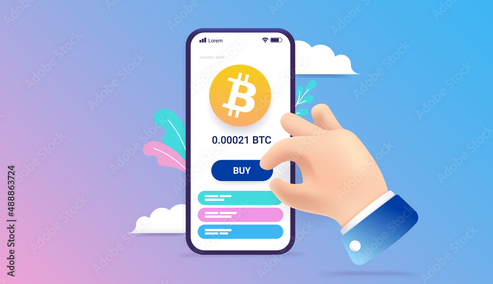 Cryptocurrency app on phone - Hand buying Bitcoin on smartphone vector illustration Cryptocurrency app on phone - Hand buying Bitcoin on smartphone vector illustration