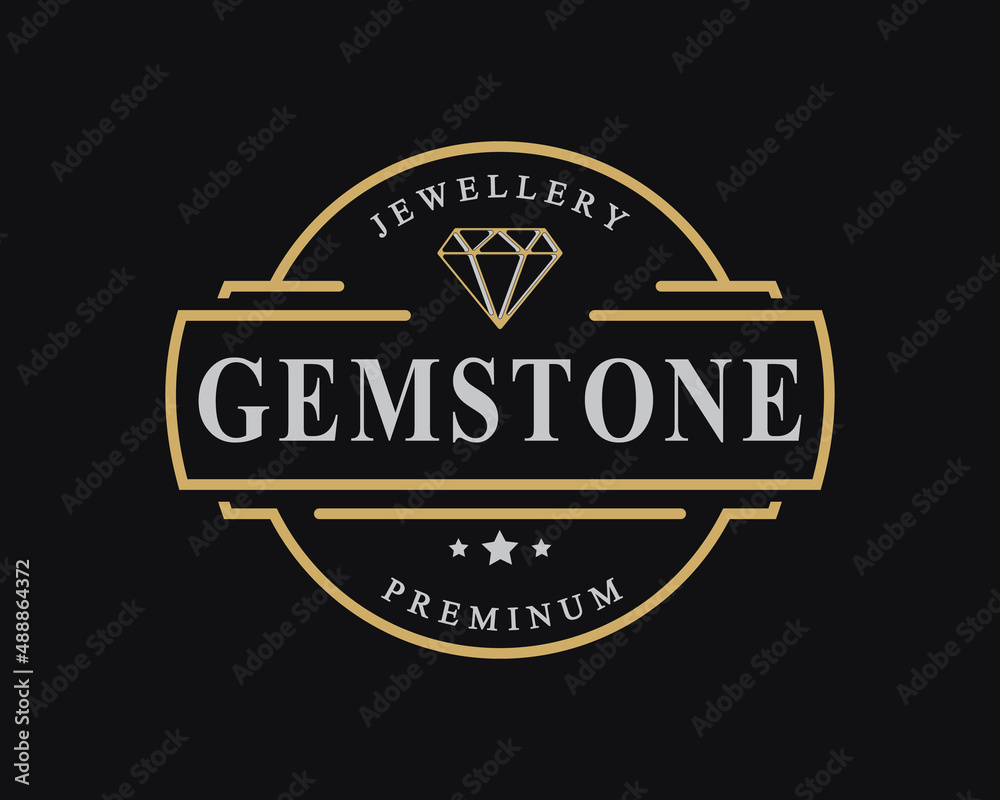 Vintage Retro Badge for Luxury Line art Diamond Gem Jewelry Logo Emblem Design Symbol