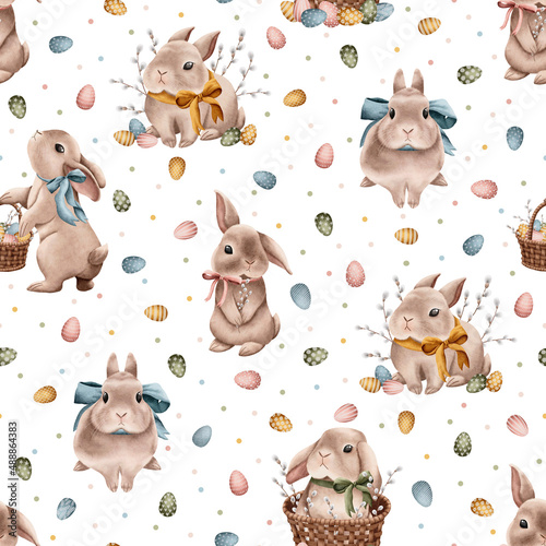 Seamless pattern with cute Easter bunnies  eggs  buskets and willow branches.