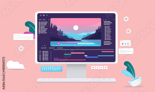 Video editing on desktop computer - Software for movie production on screen with nature scene, timeline and user interface. Multimedia and film editor concept. Vector illustration