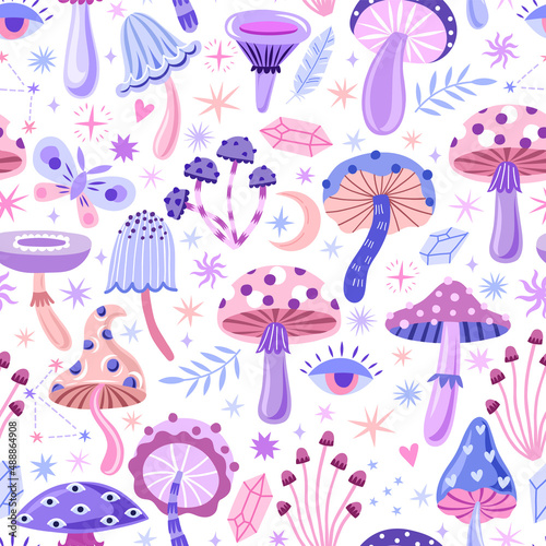 Purple magic mushrooms seamless pattern witchcraft texture