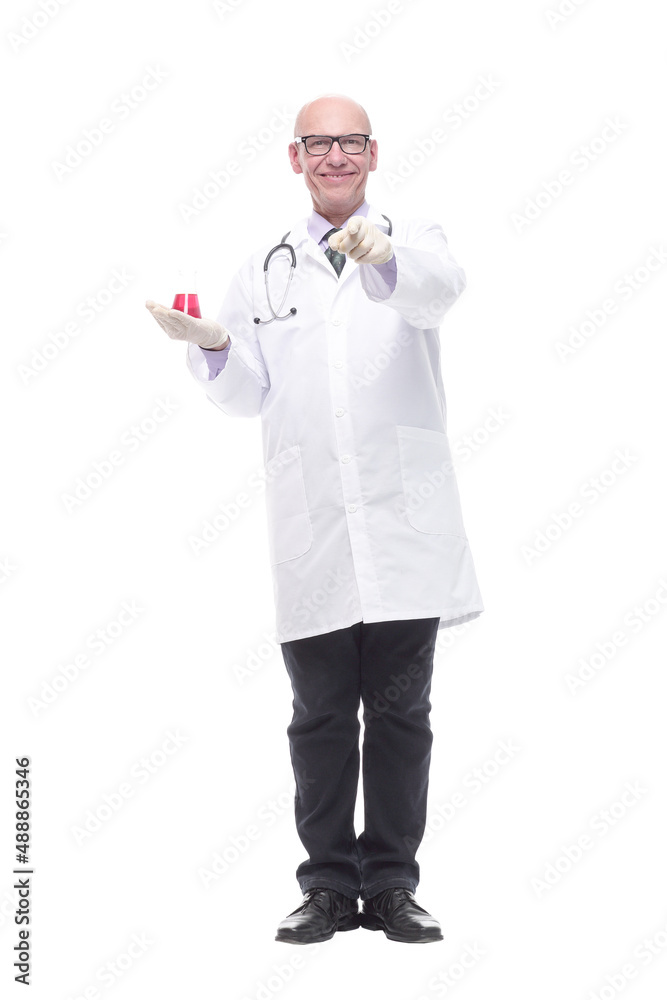 competent doctor with a laboratory flask. isolated on a white competent doctor with a laboratory flask. isolated on a white
