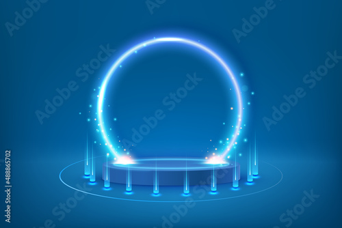 Portal or circle futuristic teleport. Magic gate in fantasy game. Futuristic technology design. Podium pedestal on advertising display