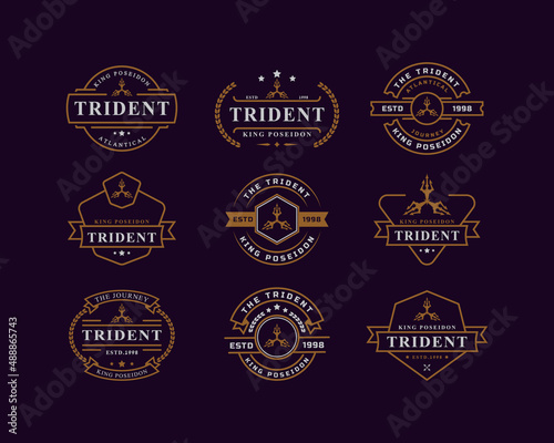 Vintage Retro Badge for Trident Neptune God Poseidon Triton King Spear Logo Emblem Design SymbolSet of Vintage Retro Badge for Trident Neptune God Poseidon Triton King Spear Logo Emblem Design Symbol