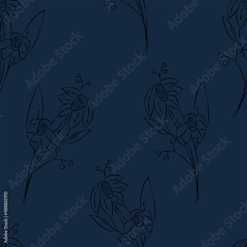 Vector. Seamless pattern. Floral background in doodle style ink. Contour sketch of a flower. Hand drawn line sketch of flowering daffodil  leaves. Minimalism. Wallpaper  gift wrapping  textile design.