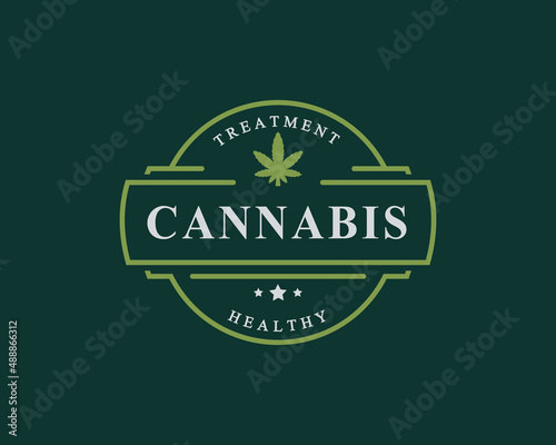 Vintage Retro Badge for Marijuana Cannabis Hemp Pot Leaf THC CBD Health and Medical Therapy Logo Emblem Design Symbol