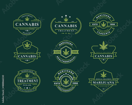 Set of Vintage Retro Badge for Marijuana Cannabis Hemp Pot Leaf THC CBD Health and Medical Therapy Logo Emblem Design Symbol