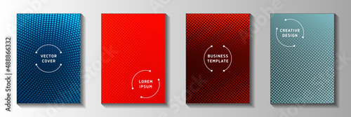 Futuristic point screen tone gradation title page templates vector set. Industrial poster faded