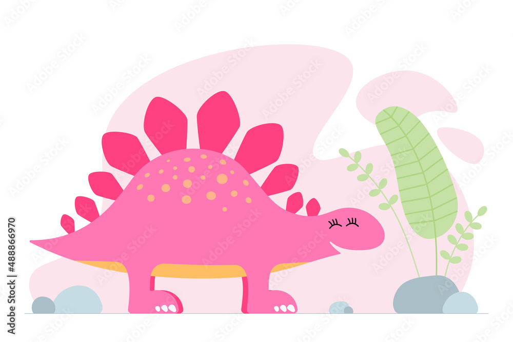 Cute pink dino. Kind smiling baby dinosaur stegosaurus. Cartoon baby graphic design print banner. Creative girlish original design. Hand drawing vector eps illustration
