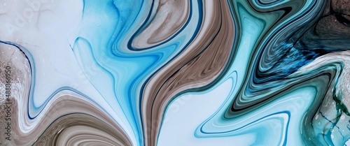 Fototapeta Naklejka Na Ścianę i Meble -  Earth tones abstract marble alcohol ink art with blue mix texture, modern fluid background with curved elements, soft blue canvas, copy space, minimal luxury wallpaper for print	
