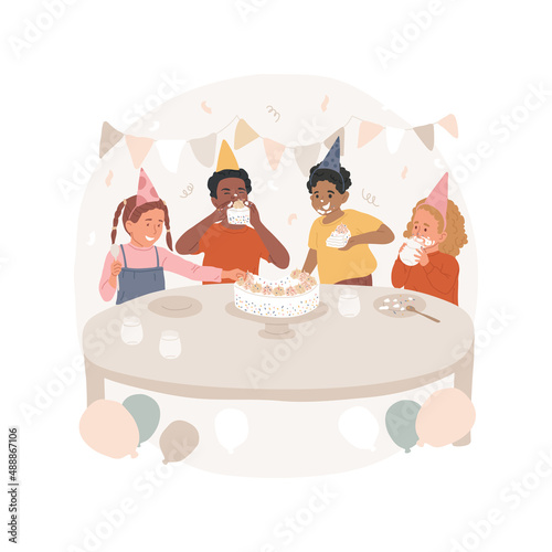 Eating Birthday cake isolated cartoon vector illustration Celebration, having fun, kids with dirty faces with cream, sitting at the table, children party, eating Birthday cake vector cartoon.