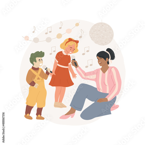 Singing with children isolated cartoon vector illustration Karaoke Birthday celebration, children in fun costumes and wigs, holding microphone, disco party, singing entertainer vector cartoon.
