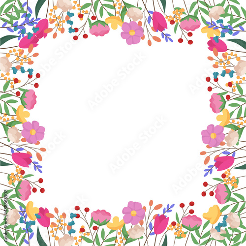 Beautiful spring frame with flowers. Vector cartoon illustration