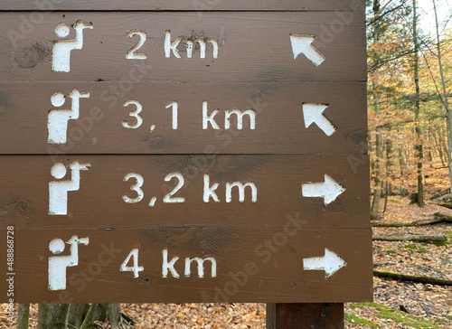 Panneau indicateur en bois des chemins, sentiers, points du vue, observatoires et belvédères en forêt. Flèches, kilomètres et pictogramme des points d'observation. Personne avec longues vues, jumelles