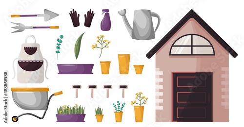 Cute spring vector set of garden tools. Elements for the design of potted plants, signs, shed, tools shovel, rake, flowers, watering can, wheelbarrow, apron. Icons, stickers home garden with a window