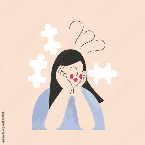 Sad woman or aloof girl teenager alone with question flat vector illustration. Doubt female character thinking and making choices. Lonely depressed teen introvert. Melancholy and inner problem