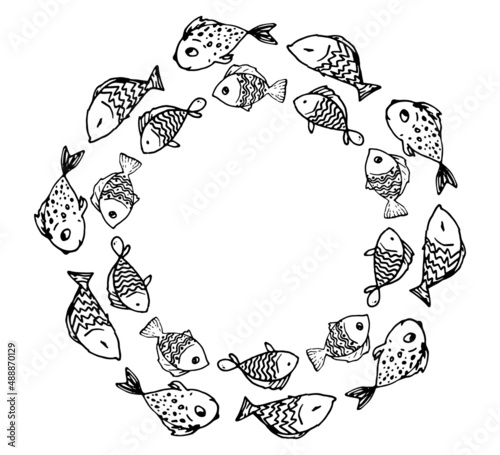 the frame is circular of fish. Vector doodle fish template with a pattern of wavy lines floating in a circle, with an empty space inside for text, a black outline for a label design template, signage