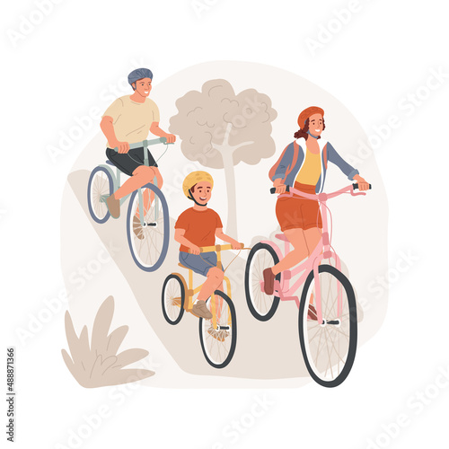 Family cycling isolated cartoon vector illustration Family travel, parent and kid on two bikes, active lifestyle, cycling in nature together, outdoor recreation, riding bicycle vector cartoon.