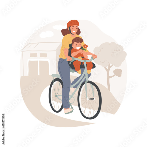 Cycling with a baby isolated cartoon vector illustration Active family, travelling by bicycle, parent on a bike with kid in baby chair, cycling in countryside with children vector cartoon.