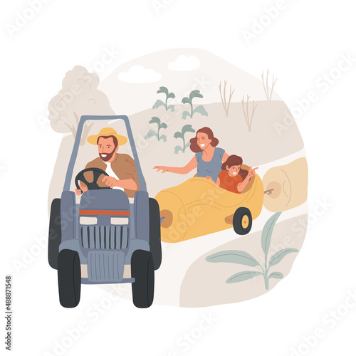 Farm tractor train ride isolated cartoon vector illustration Tractor pulling colorful wagons, happy family sitting in small train carriage, farm, day trip, riding in the fields vector cartoon.
