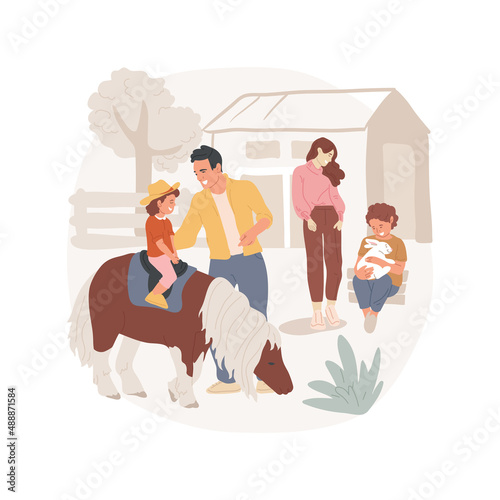 Ranch isolated cartoon vector illustration Family visiting ranch, kid riding pony, sitting on a horse, wearing cowboy hat, dairy farm field trip, having fun at countryside vector cartoon.